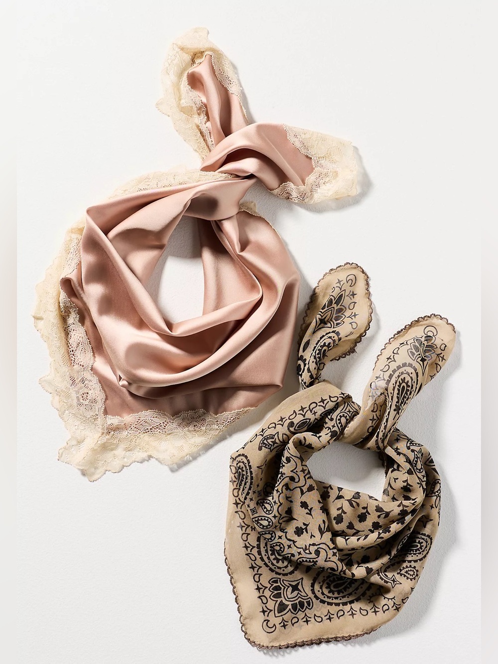 Anthropologie 100% Cotton Lace Bandana Hair Scarves, Set of 2 - NWT - Tan